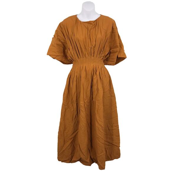 CO Amber Pleated Midi Dress M Empire Boat Neck 3/4 Sleeve Pockets Broadcloth - Picture 1 of 5